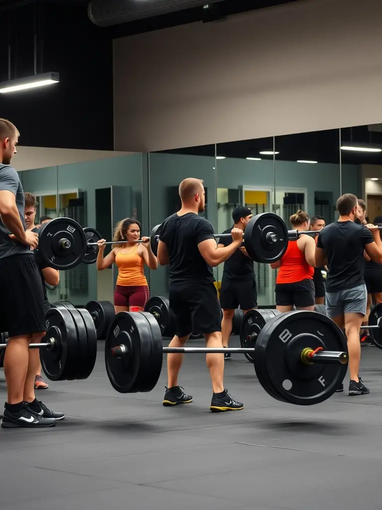 A group of people participating in a weightlifting class at LA CHATILLONNAISE MUSCULATION CULTURE PHYSIQUE, focusing on proper form and technique.