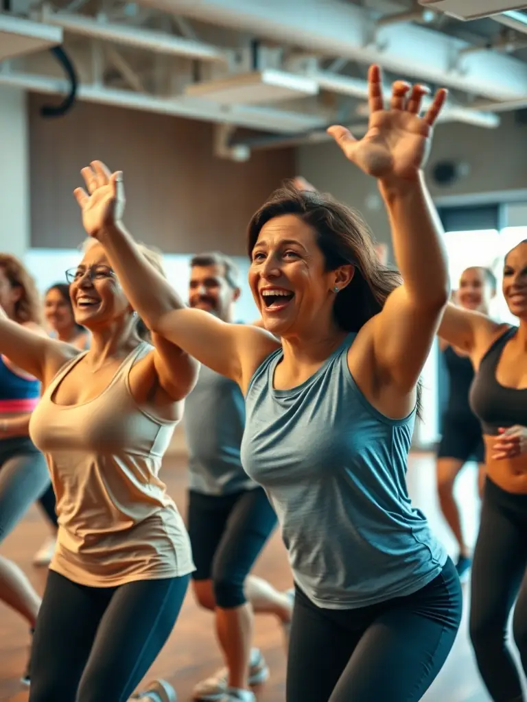 A group of members laughing and supporting each other during a group fitness class, emphasizing the sense of community and camaraderie within the organization.