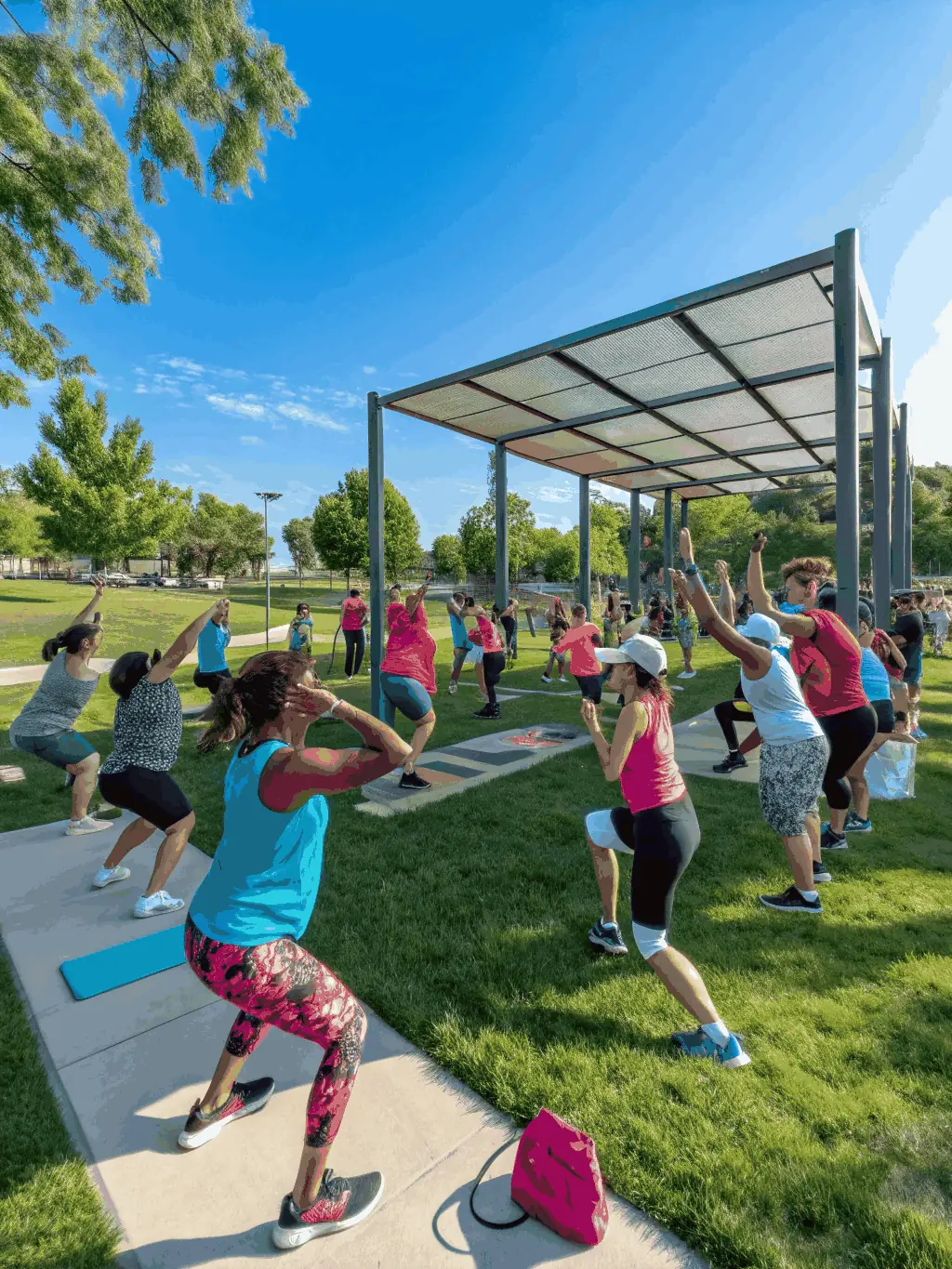 A photograph of a group of young adults participating in a calisthenics session at LA CHATILLONNAISE MUSCULATION CULTURE PHYSIQUE, demonstrating bodyweight exercises.