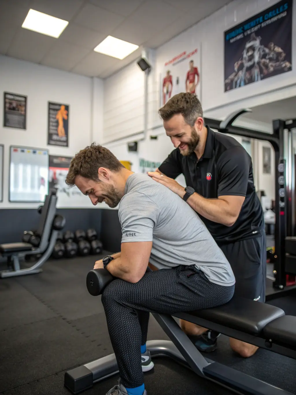 A dedicated fitness coach providing personalized guidance and support to a client at LA CHATILLONNAISE MUSCULATION CULTURE PHYSIQUE, helping them achieve their individual fitness goals.