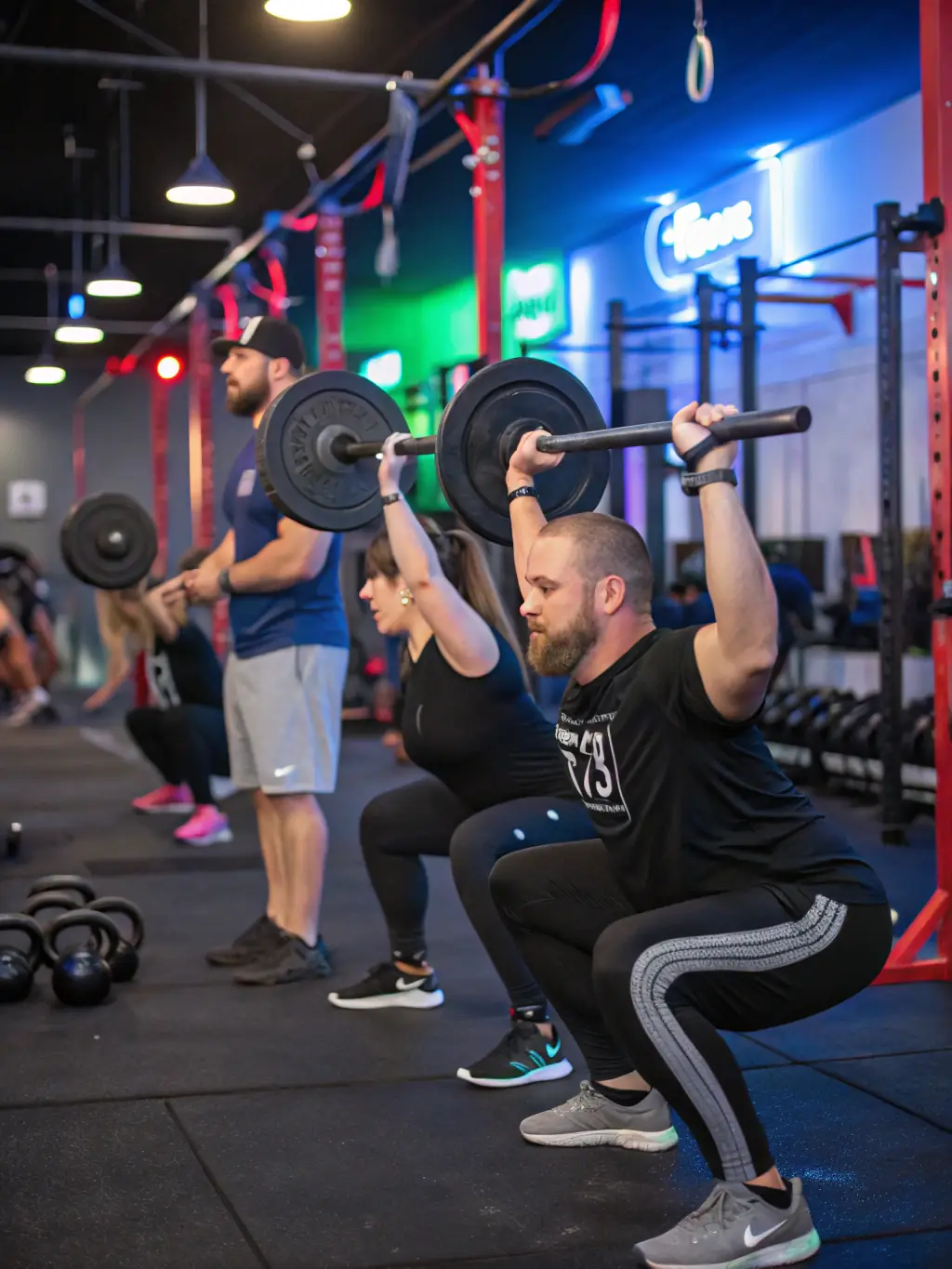 A photograph of a group of people participating in a weightlifting workshop at LA CHATILLONNAISE MUSCULATION CULTURE PHYSIQUE, showcasing proper form and technique.