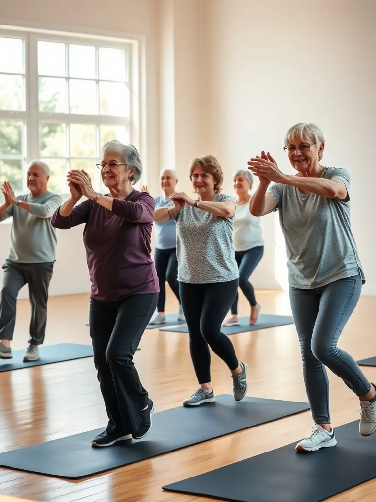 A photograph of a group of senior citizens participating in a low-impact fitness class at LA CHATILLONNAISE MUSCULATION CULTURE PHYSIQUE, smiling and engaged.