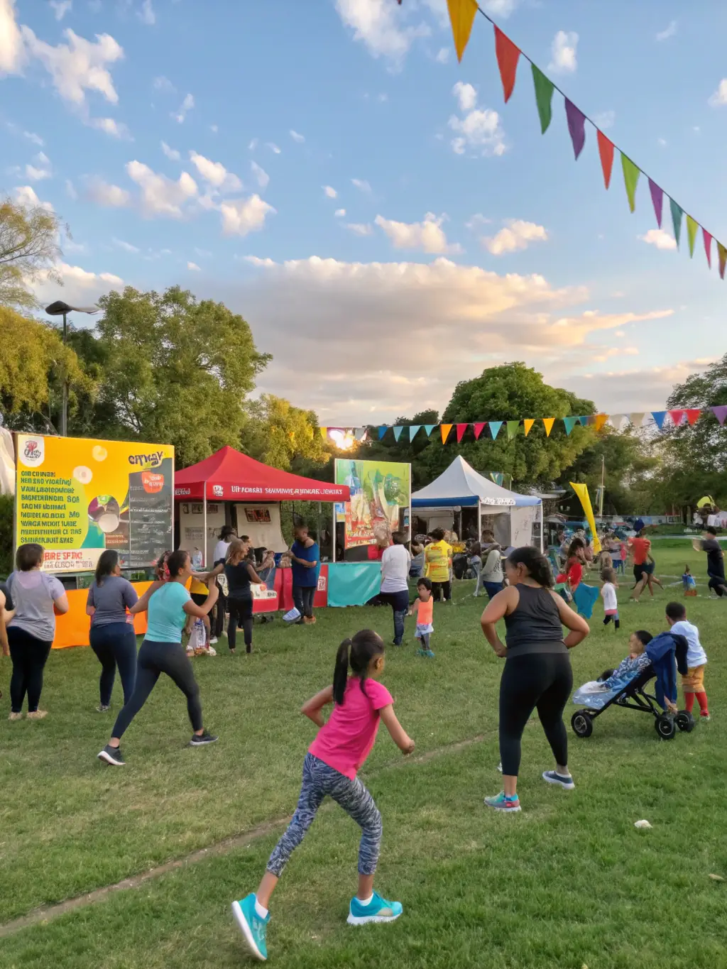 A community event showcasing various fitness activities, with families and individuals participating in friendly competitions and demonstrations. The atmosphere is festive and inclusive.