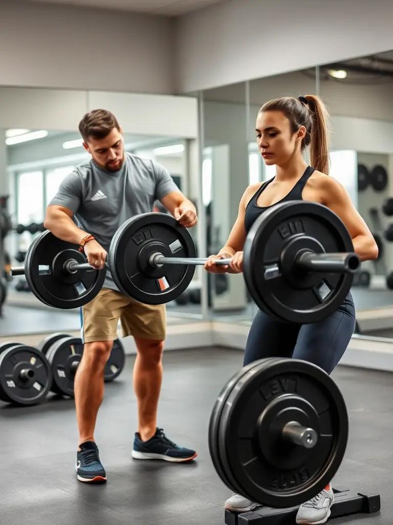 A personal trainer working one-on-one with a client, demonstrating proper form and technique for a weightlifting exercise. The focus is on safety and effectiveness.