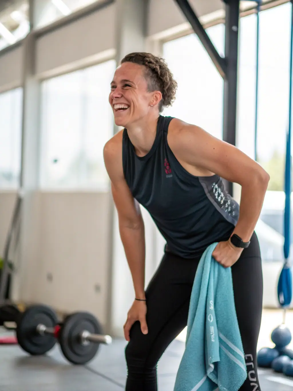 A person smiling confidently after completing a workout, showcasing the joy and satisfaction of achieving fitness goals at LA CHATILLONNAISE MUSCULATION CULTURE PHYSIQUE.