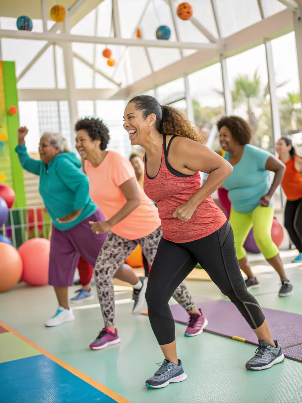 A diverse group of people participating in a group fitness class, led by an instructor, in a well-equipped gym setting. The atmosphere is energetic and supportive.