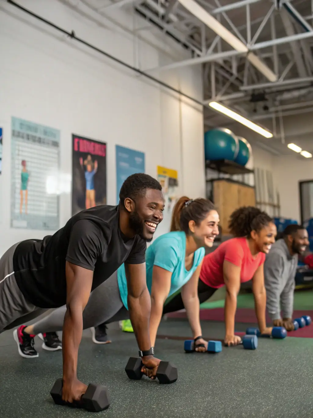 A group of diverse individuals participating in a community fitness class at LA CHATILLONNAISE MUSCULATION CULTURE PHYSIQUE, focusing on strength training and overall wellness.
